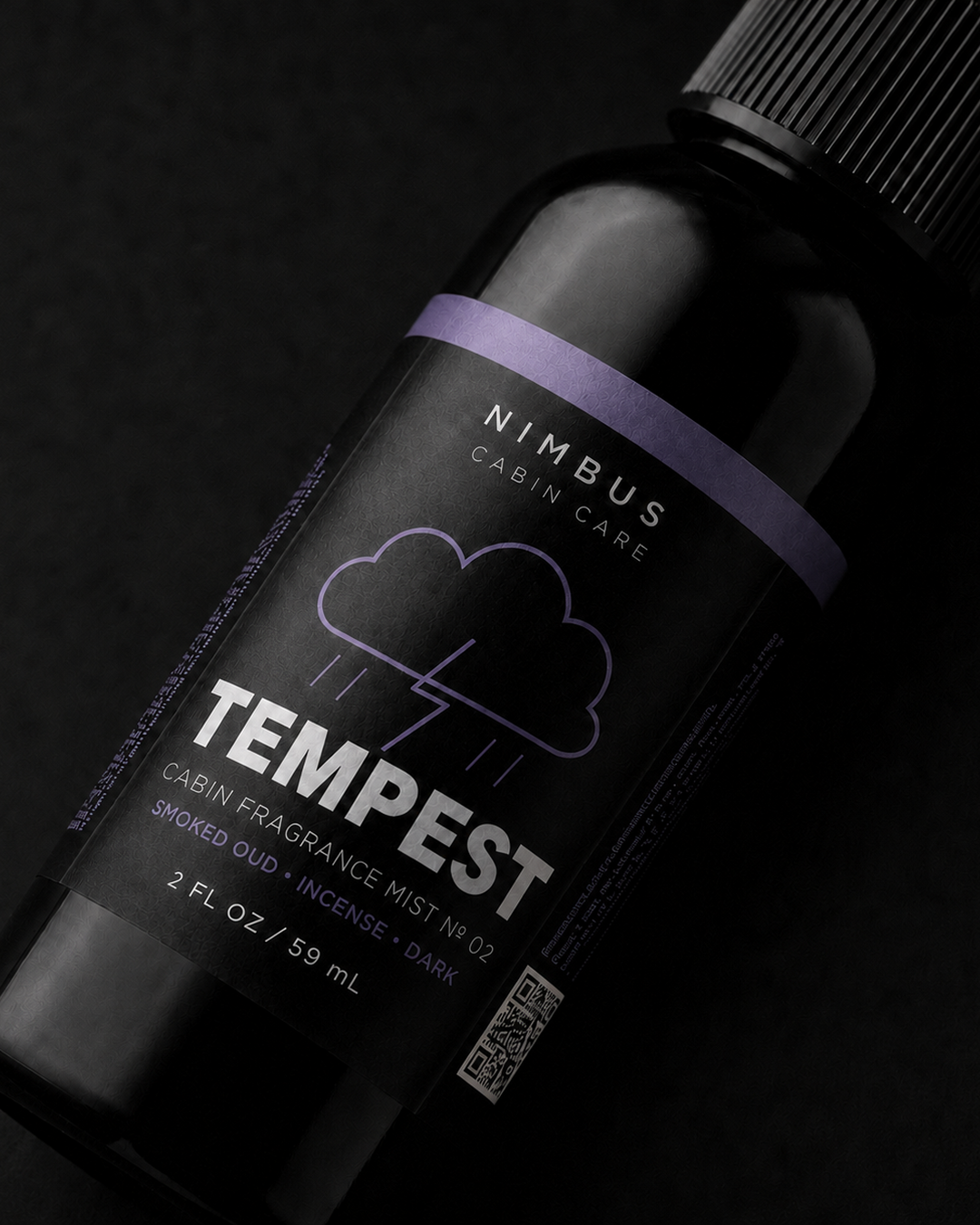 Close-up of the NIMBUS Tempest label with notes of smoked oud, incense and dark raspberry