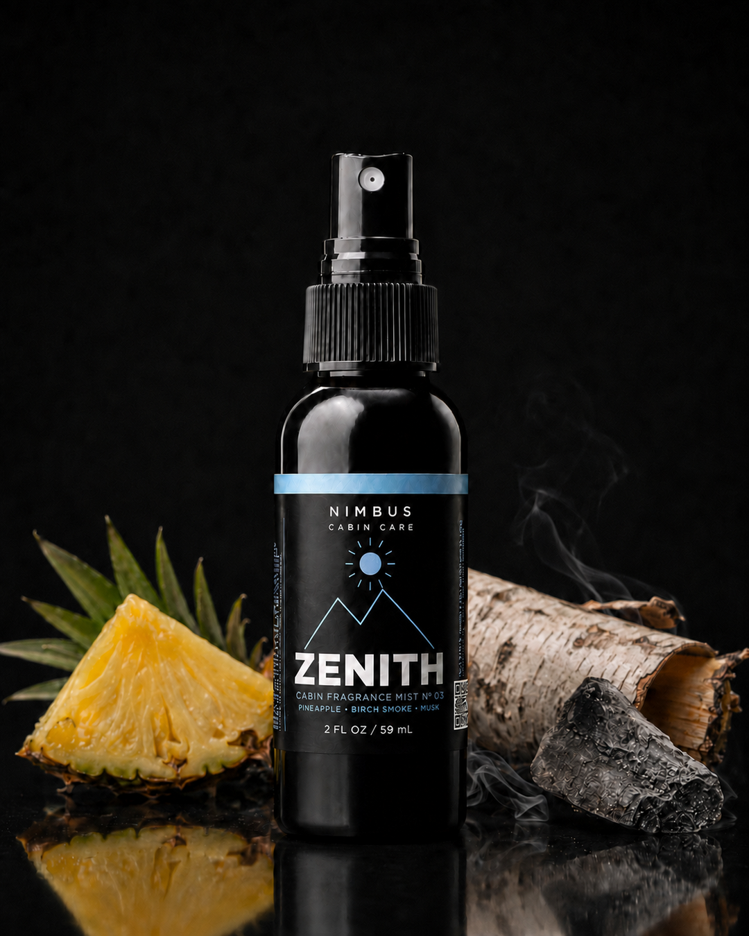 NIMBUS Zenith bottle with fresh pineapple and a birch log