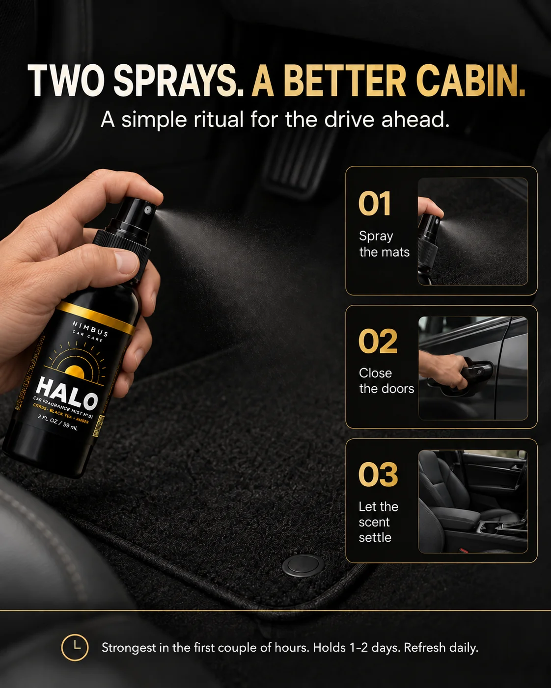 How to use NIMBUS Halo: spray the mats, close the doors, let the scent settle. Holds 1–2 days, refresh daily