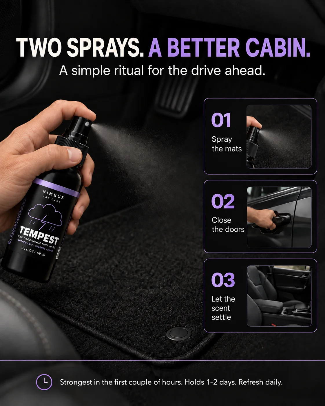 How to use NIMBUS Tempest: spray the mats, close the doors, let the scent settle. Holds 1–2 days, refresh daily